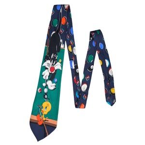 90s  Vintage Looney Tunes Sylvester Tweety Bird Pool Billiards Theme Neck Tie